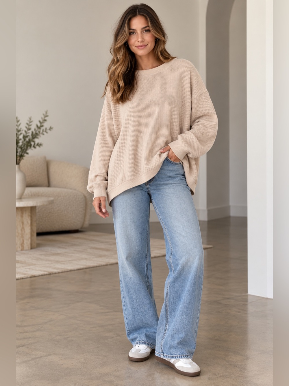 Aerie Oversized Waffle Knit Crewneck Sweatshirt Beige M/M